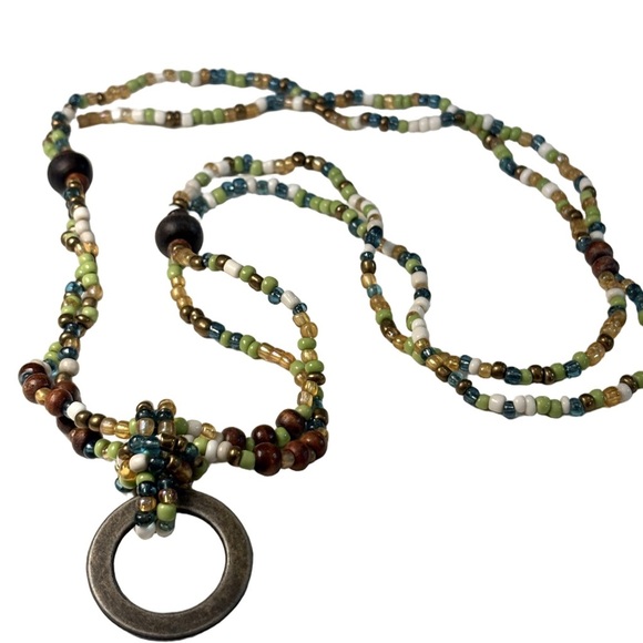 Jewelry - Boho Beaded Necklace Multicolor Seed Beads Metal Pendant